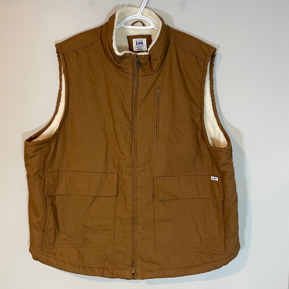 Lee Workwear Mens XXL Brown Canvas Duck Sherpa Lined Full Zip Utility Vest